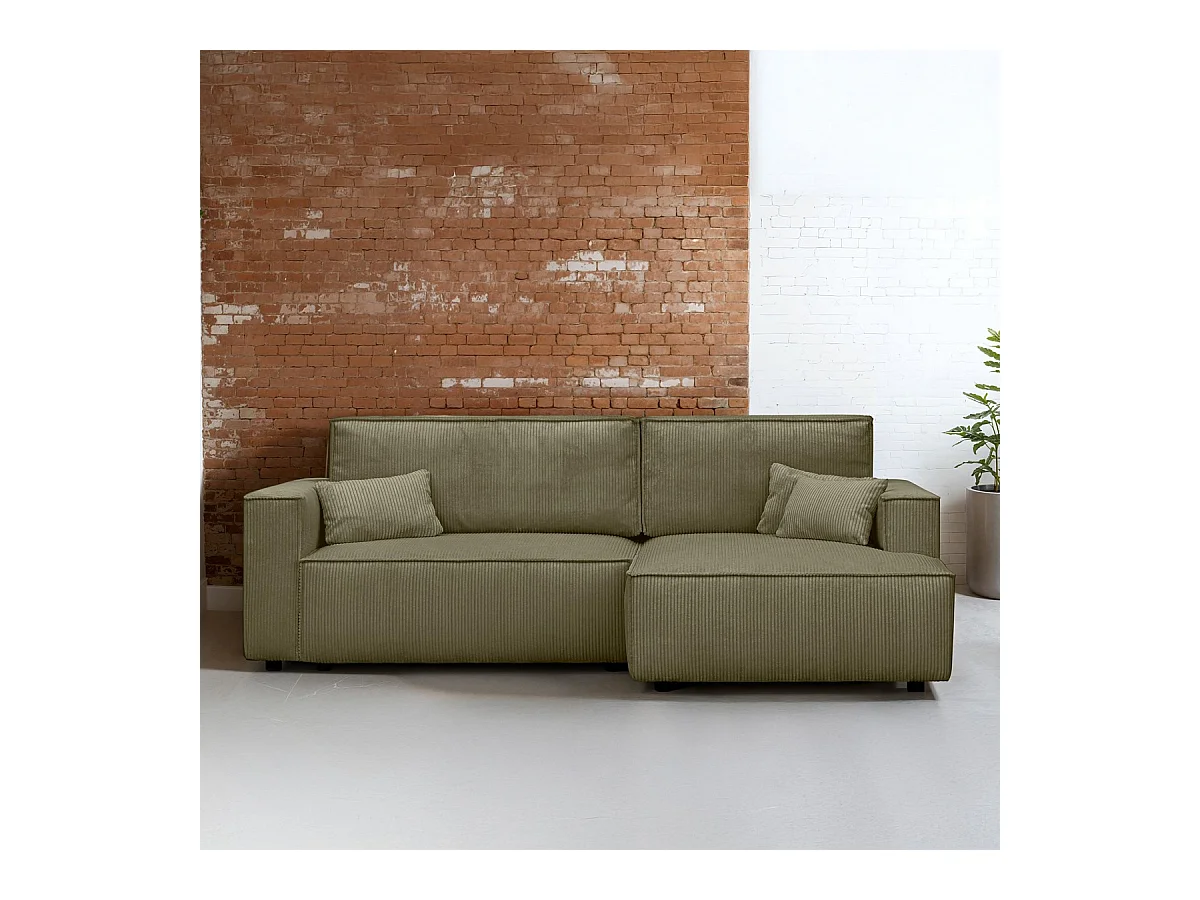 Canapé d'angle à droite convertible 3 places en velours côtelé vert kaki - Asti
