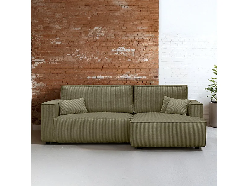 Canapé d'angle à droite convertible 3 places en velours côtelé vert kaki - Asti