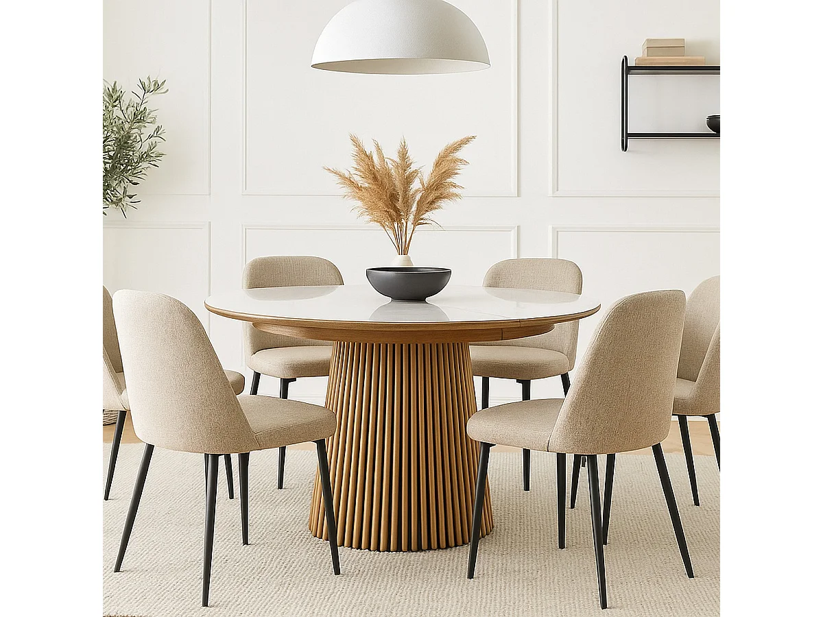 Table à manger ronde extensible plateau en céramique effet marbre et bois clair 6/8 personnes 120/200 cm - Ada