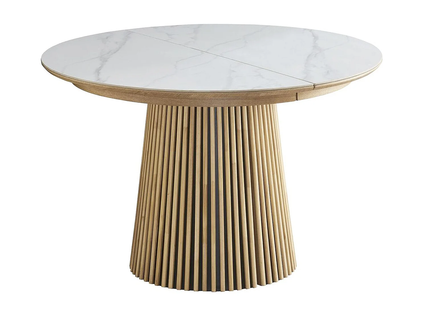 Table à manger ronde extensible plateau en céramique effet marbre et bois clair 6/8 personnes 120/200 cm - Ada