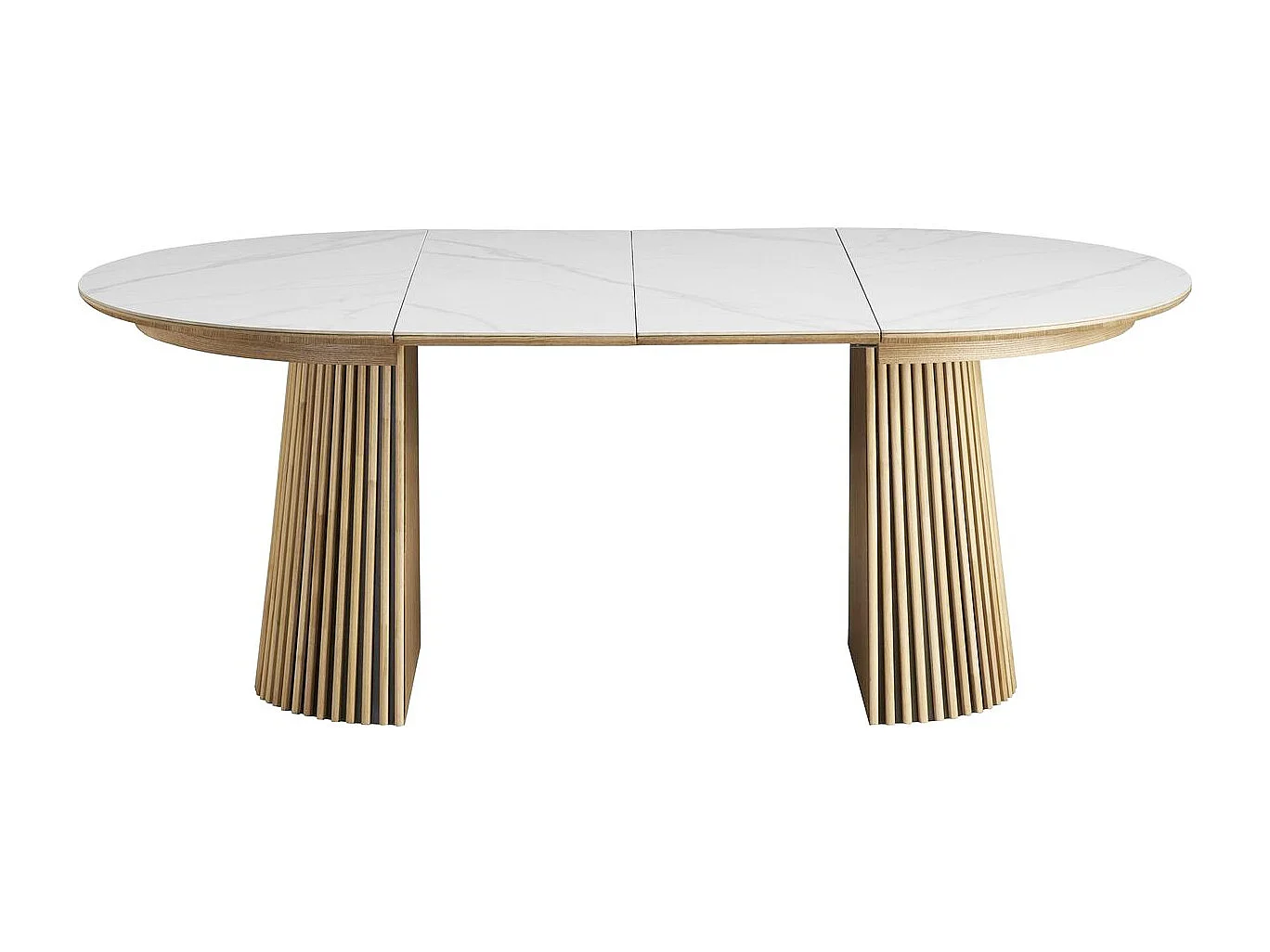 Table à manger ronde extensible plateau en céramique effet marbre et bois clair 6/8 personnes 120/200 cm - Ada
