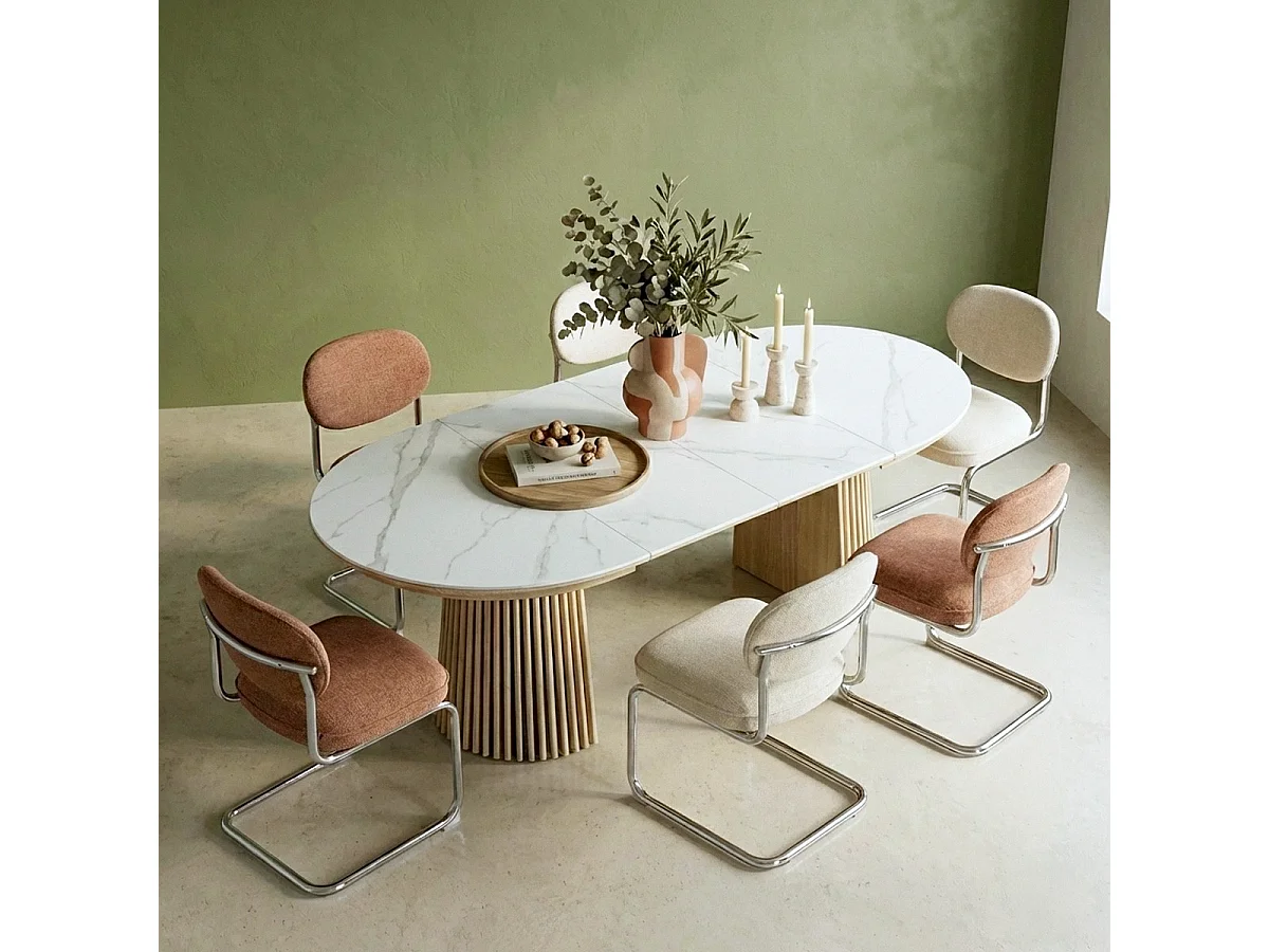 Table à manger ronde extensible plateau en céramique effet marbre et bois clair 6/8 personnes 120/200 cm - Ada