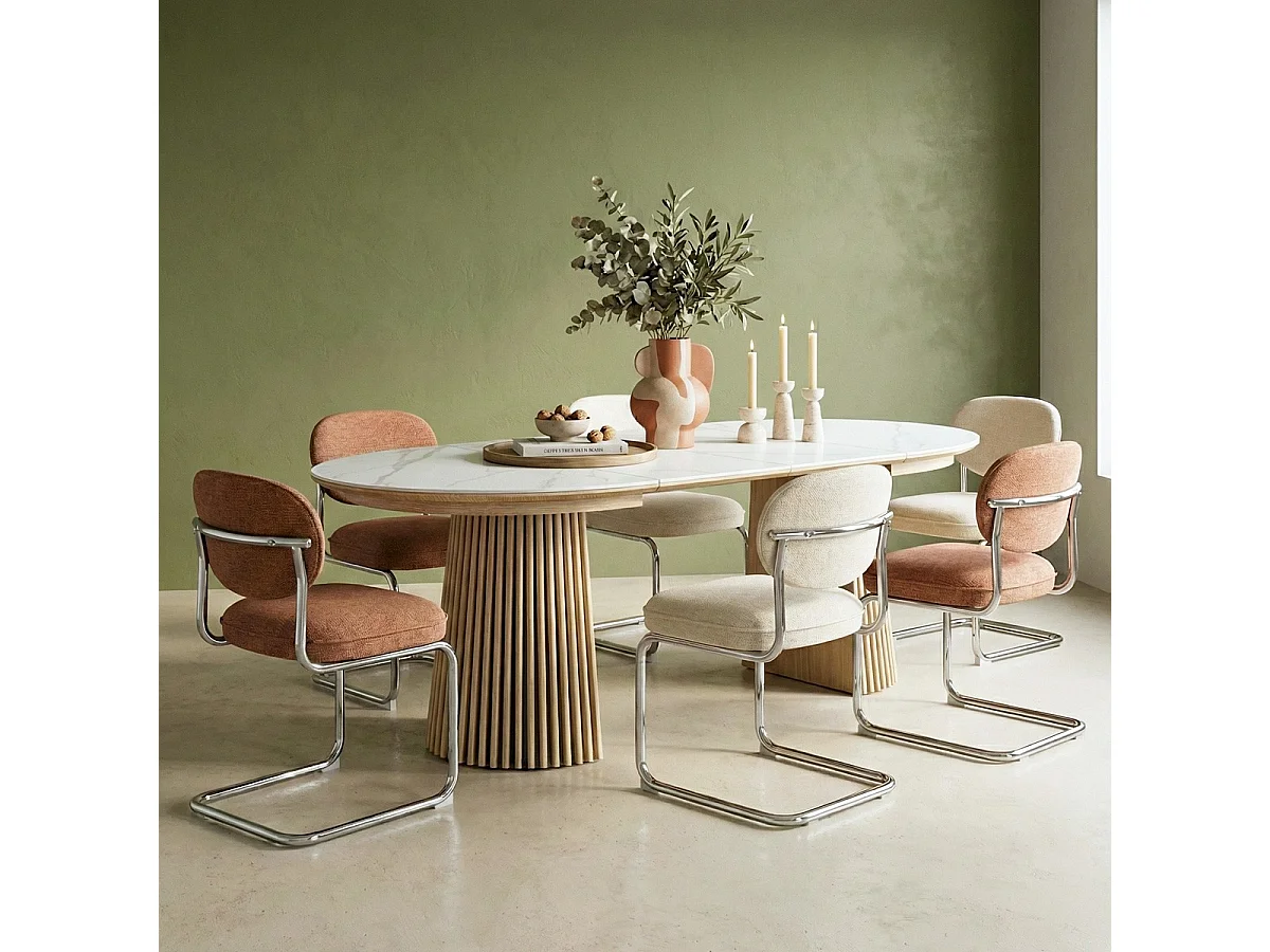 Table à manger ronde extensible plateau en céramique effet marbre et bois clair 6/8 personnes 120/200 cm - Ada