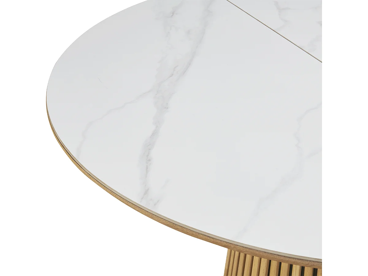 Table à manger ronde extensible plateau en céramique effet marbre et bois clair 6/8 personnes 120/200 cm - Ada