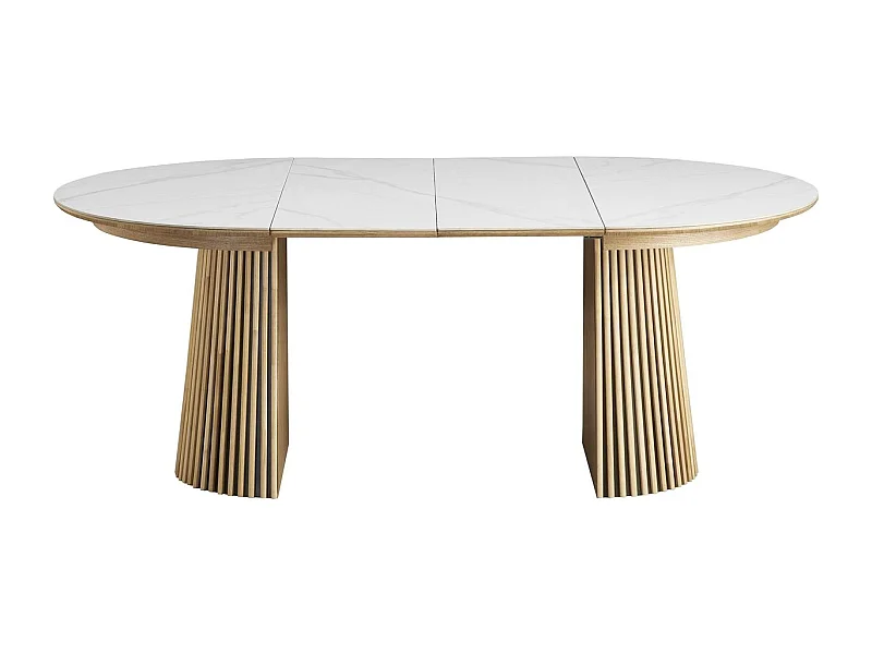 Table à manger ronde extensible plateau en céramique effet marbre et bois clair 6/8 personnes 120/200 cm - Ada