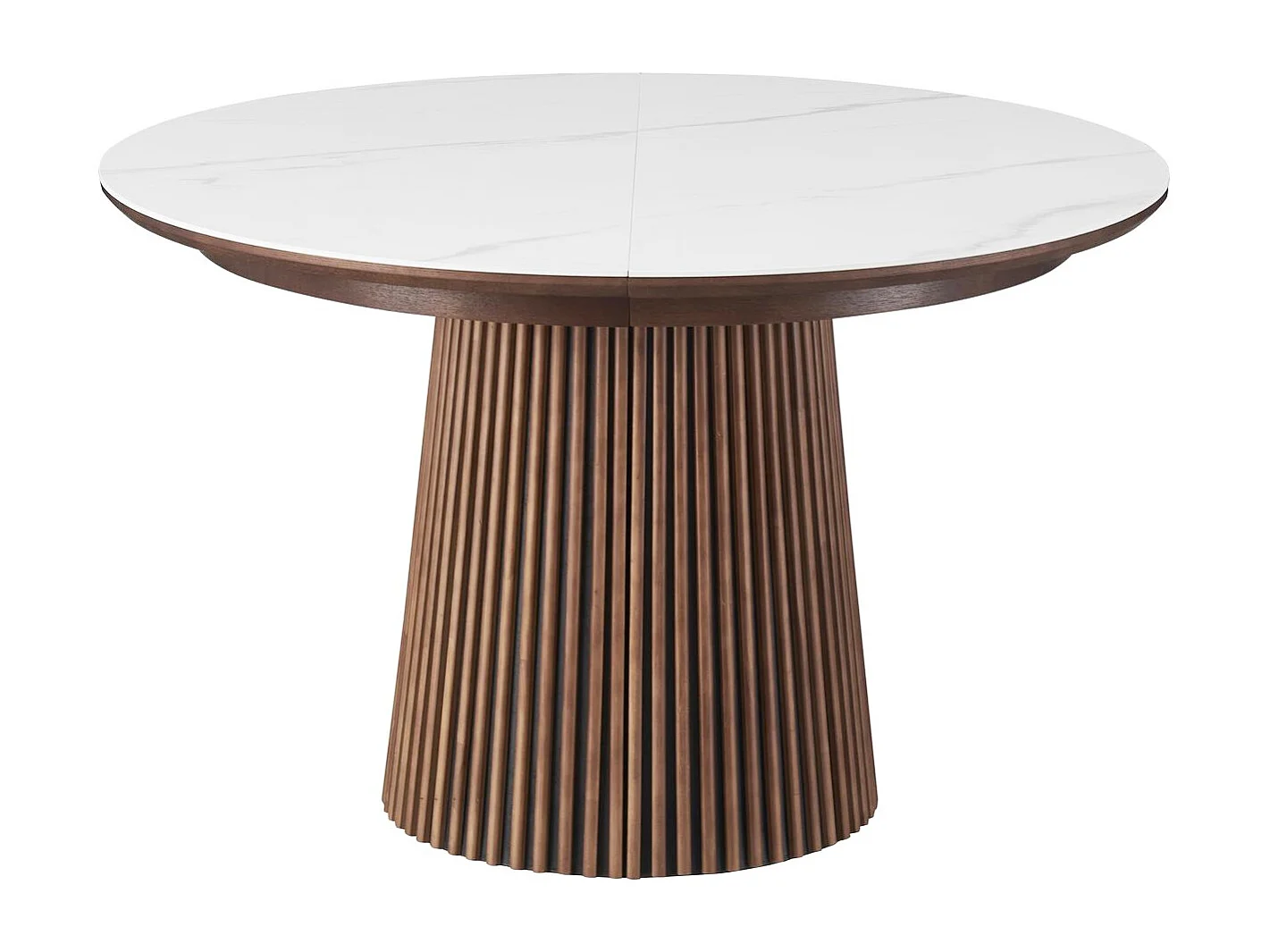 Table à manger ronde extensible plateau en céramique effet marbre et bois foncé 6/8 personnes 120/200 cm - Ada
