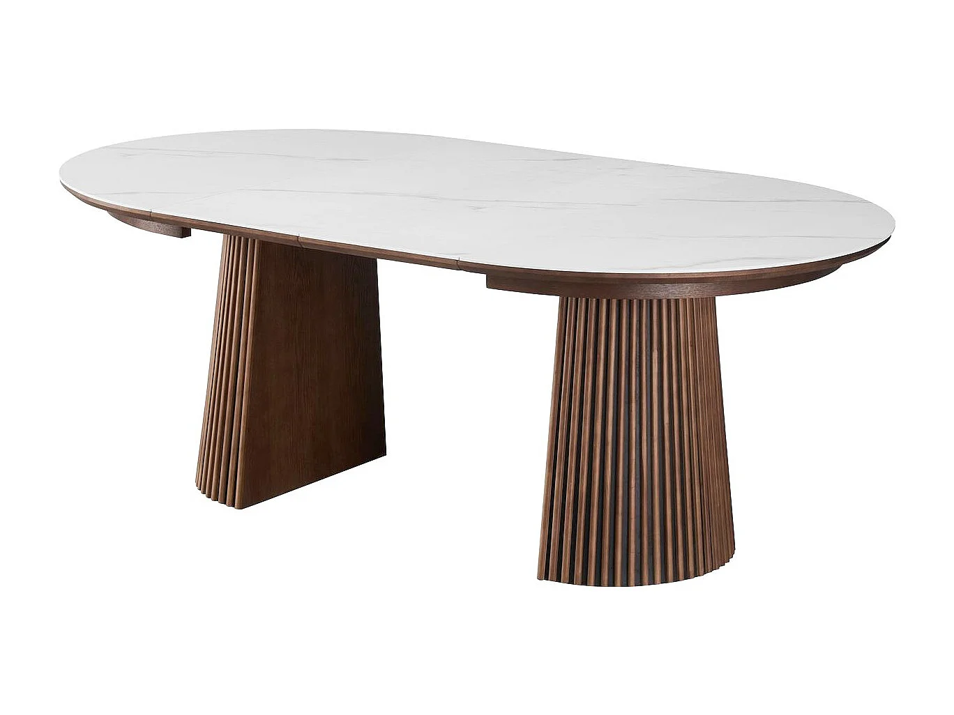 Table à manger ronde extensible plateau en céramique effet marbre et bois foncé 6/8 personnes 120/200 cm - Ada