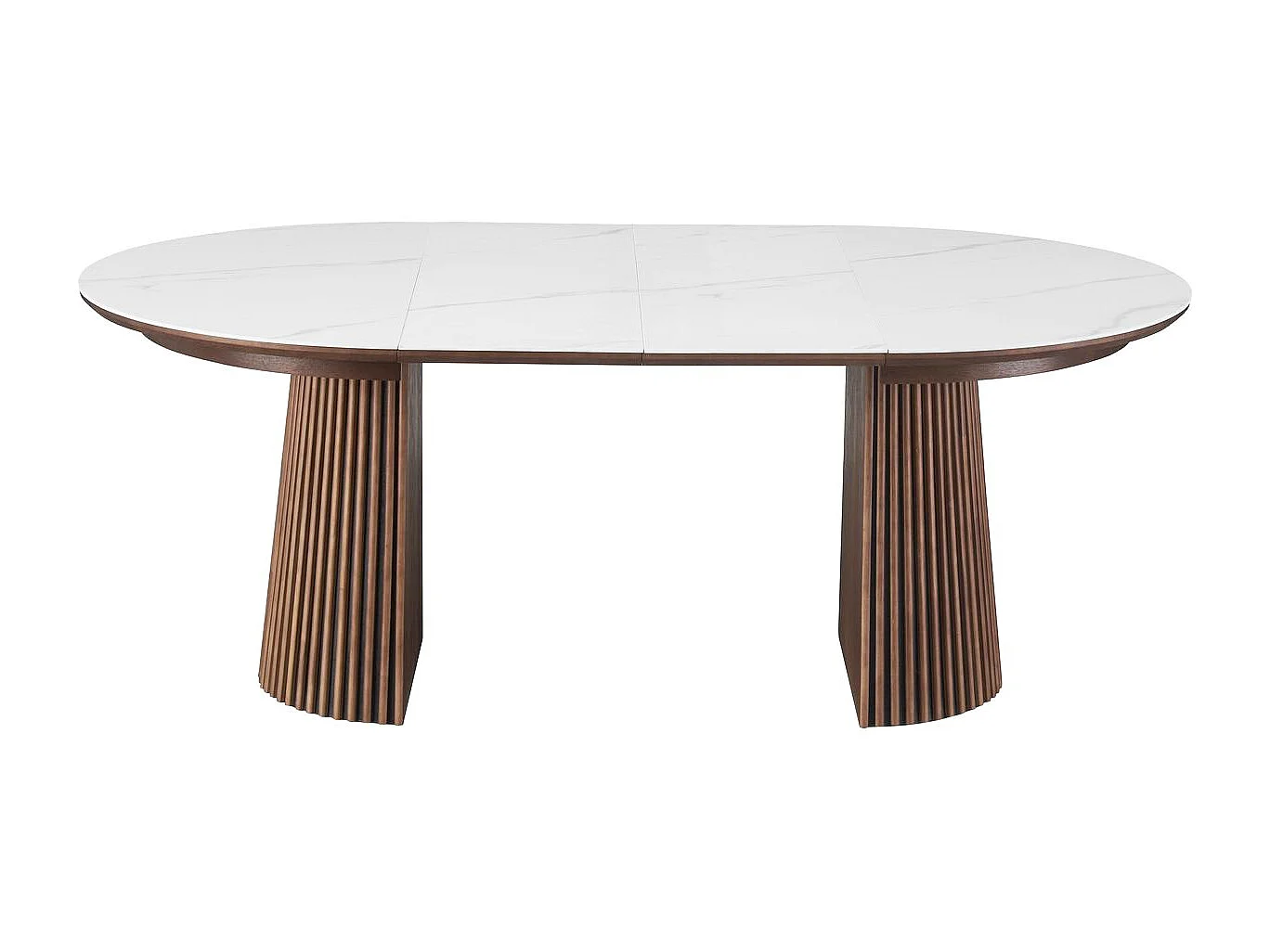 Table à manger ronde extensible plateau en céramique effet marbre et bois foncé 6/8 personnes 120/200 cm - Ada