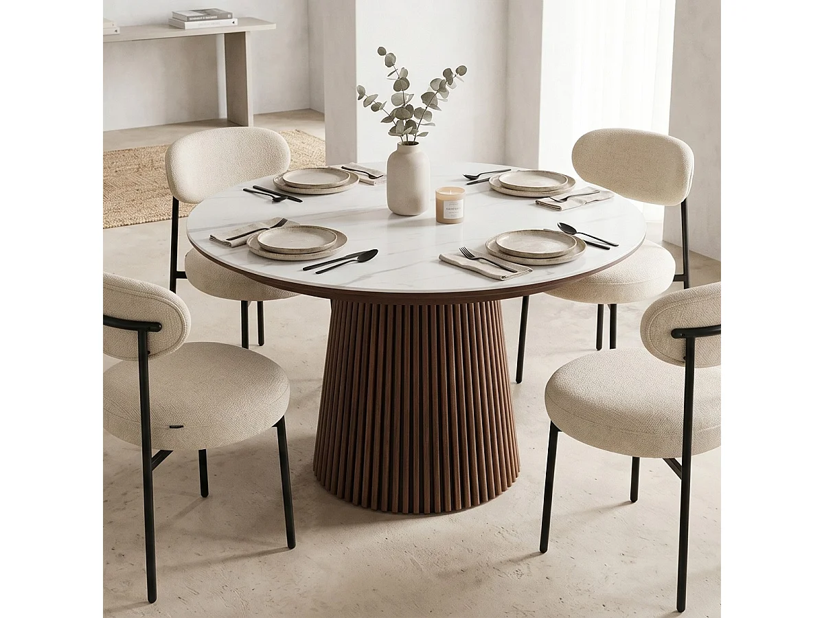 Table à manger ronde extensible plateau en céramique effet marbre et bois foncé 6/8 personnes 120/200 cm - Ada