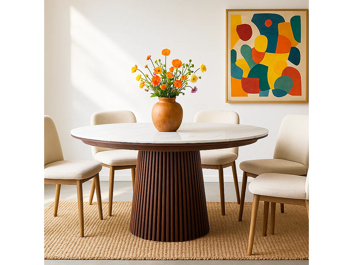 Table à manger ronde extensible plateau en céramique effet marbre et bois foncé 6/8 personnes 120/200 cm - Ada