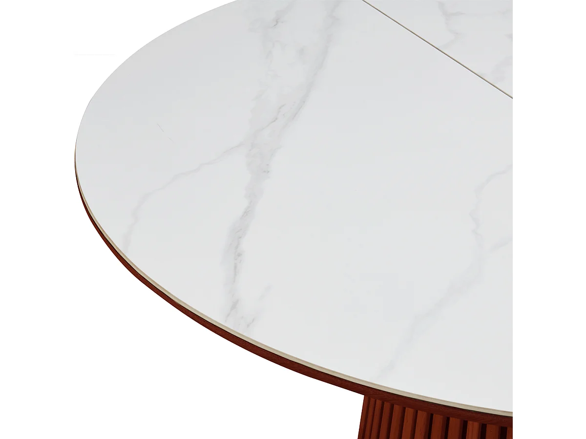 Table à manger ronde extensible plateau en céramique effet marbre et bois foncé 6/8 personnes 120/200 cm - Ada