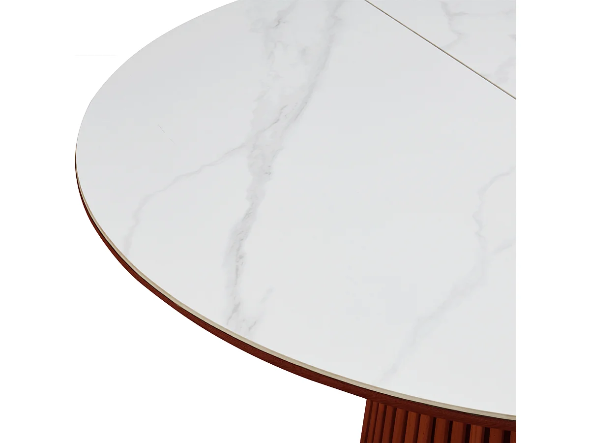 Table à manger ronde extensible plateau en céramique effet marbre et bois foncé 6/8 personnes 120/200 cm - Ada