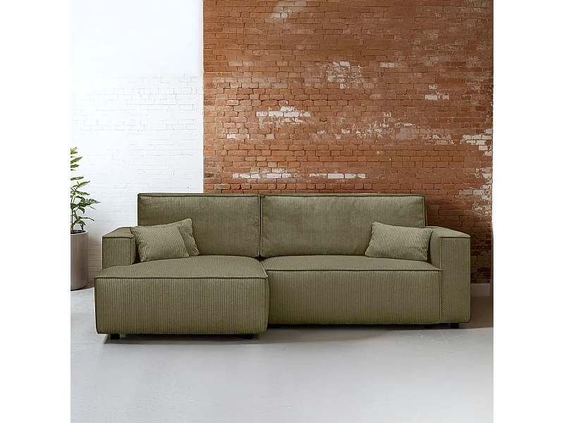 Canapé d'angle à gauche convertible 3 places en velours côtelé vert kaki - Asti