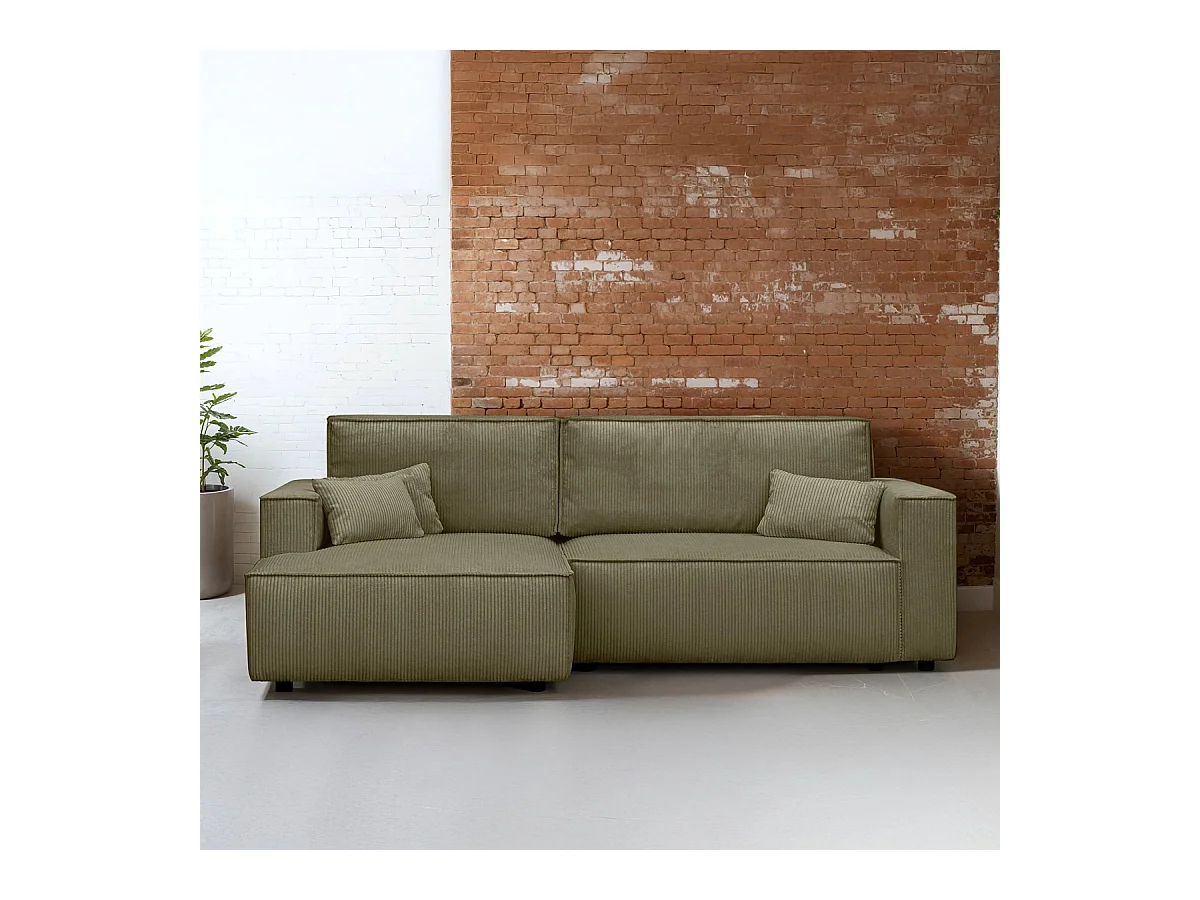 Canapé d'angle à gauche convertible 3 places en velours côtelé vert kaki - Asti