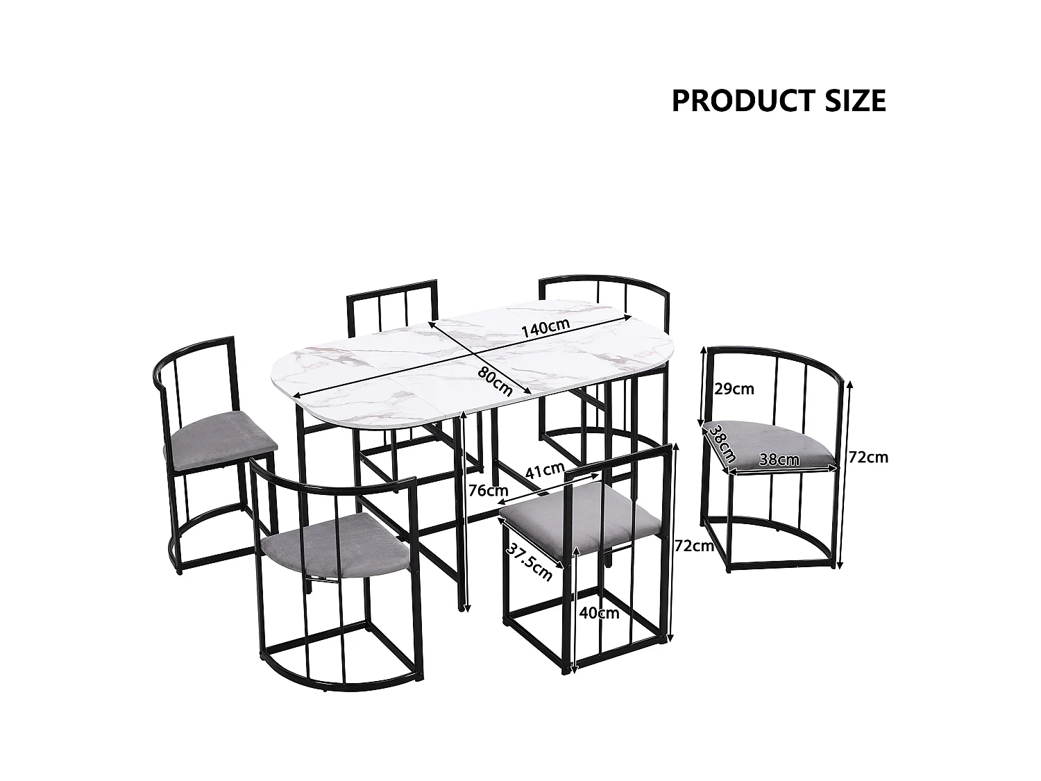 Set da tavolo da pranzo con sei sedie: tavolo bianco, sedie con schienali e cuscini