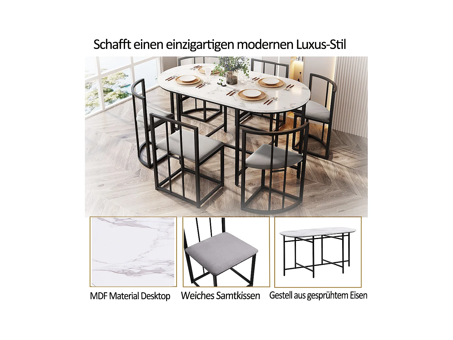 Set da tavolo da pranzo con sei sedie: tavolo bianco, sedie con schienali e cuscini