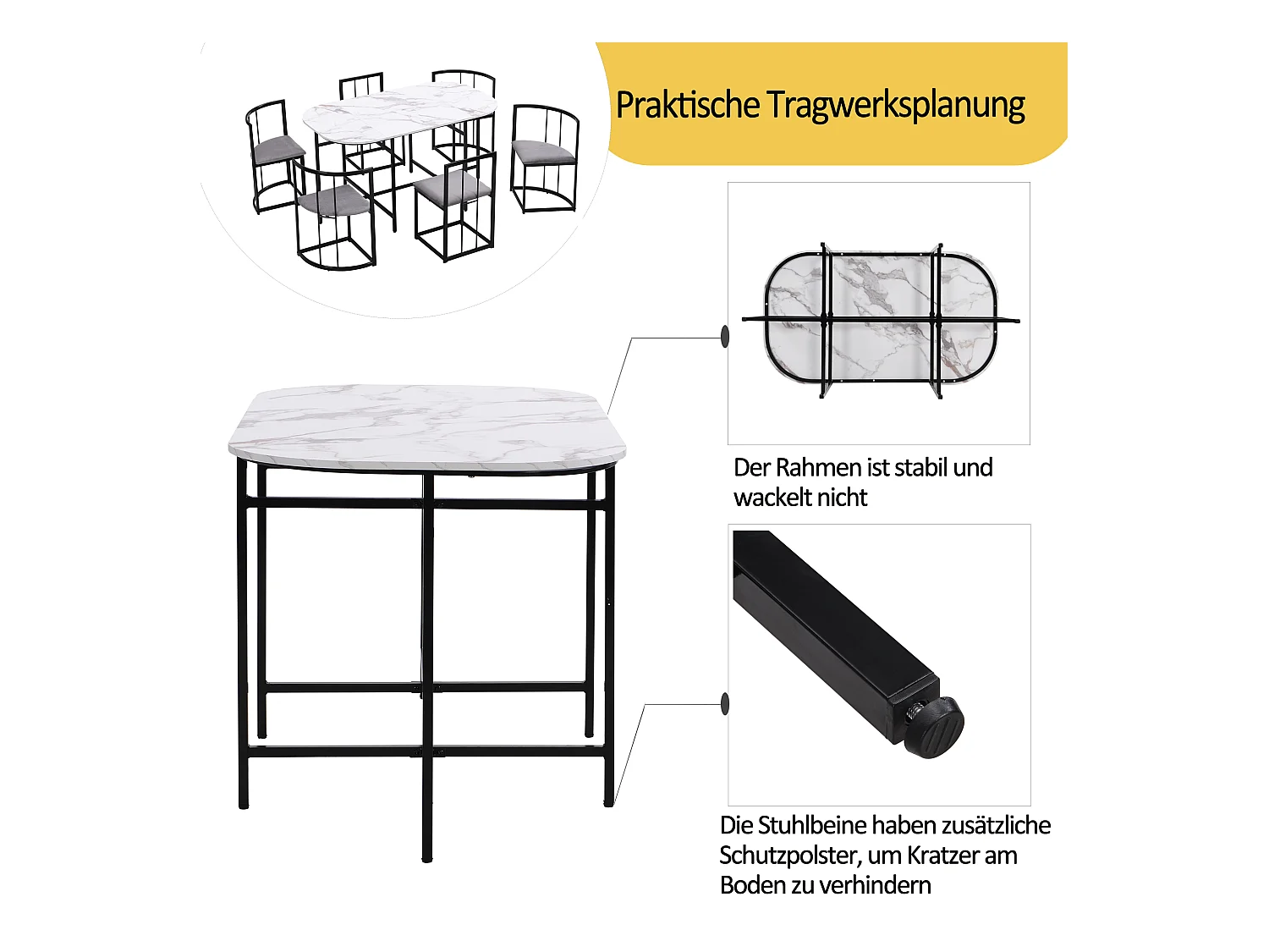 Set da tavolo da pranzo con sei sedie: tavolo bianco, sedie con schienali e cuscini