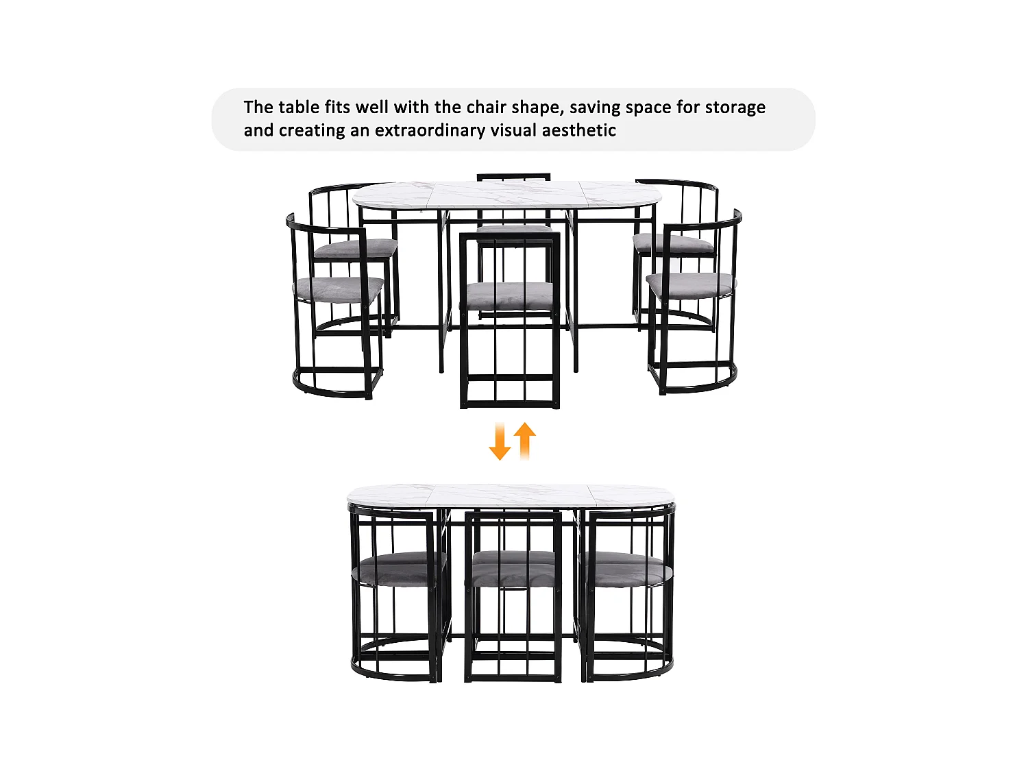 Set da tavolo da pranzo con sei sedie: tavolo bianco, sedie con schienali e cuscini