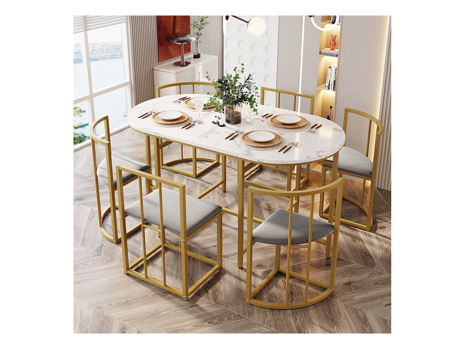 Esstischset mit sechs Stühlen: weißer Tisch, Stühle mit Rückenlehnen und Kissen