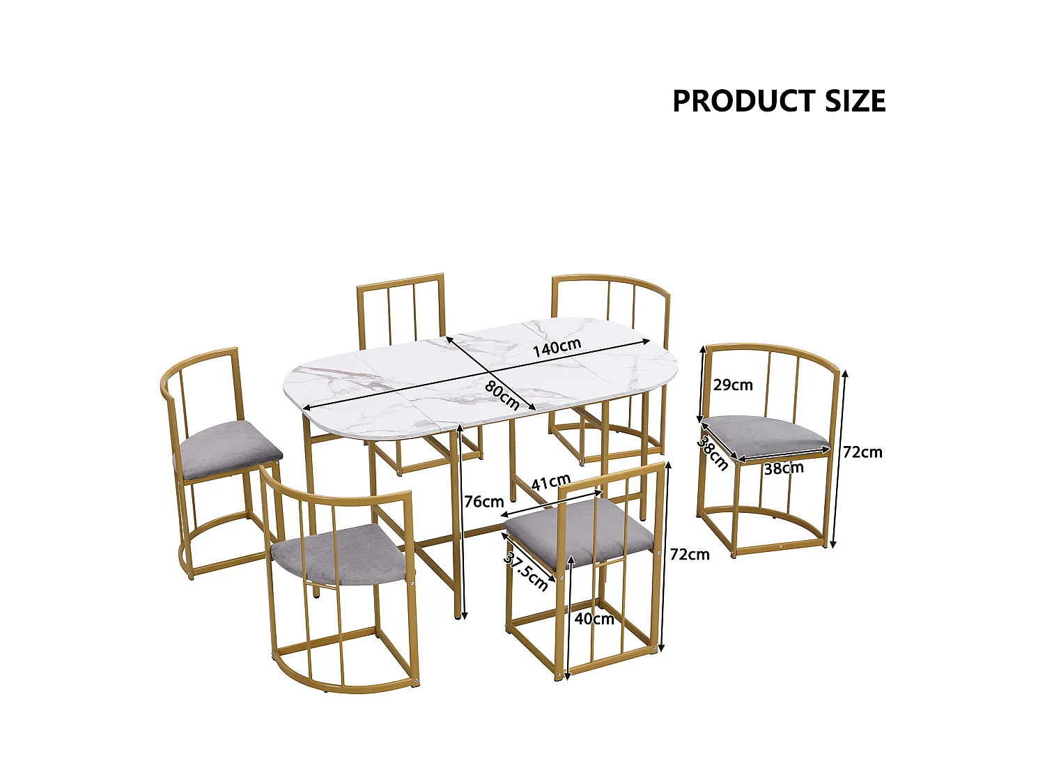 Esstischset mit sechs Stühlen: weißer Tisch, Stühle mit Rückenlehnen und Kissen