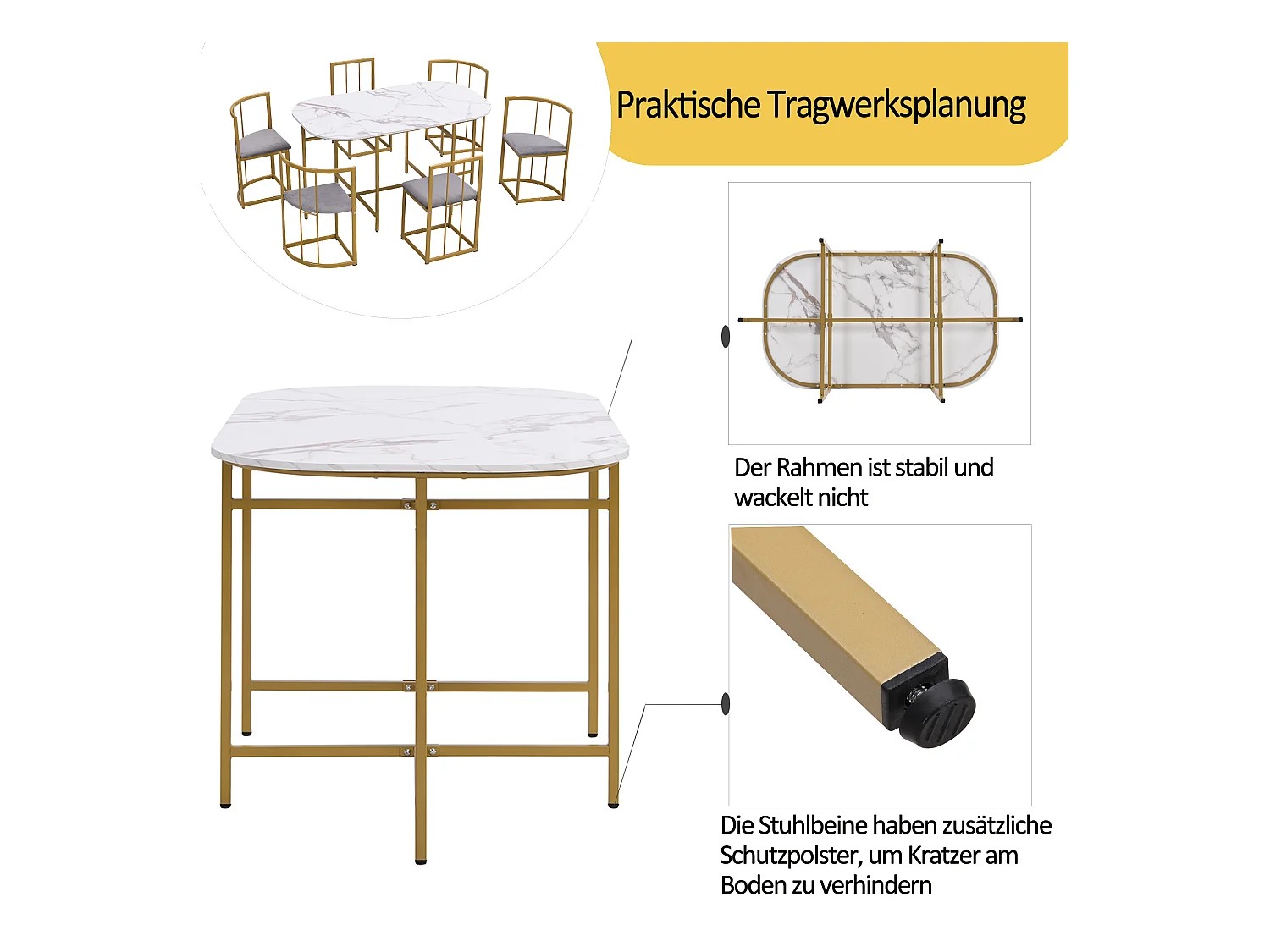 Esstischset mit sechs Stühlen: weißer Tisch, Stühle mit Rückenlehnen und Kissen