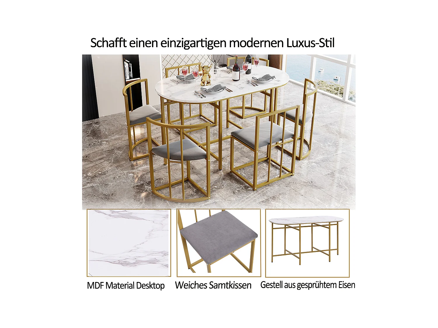 Eettafelset met zes stoelen: witte tafel, stoelen met rugleuningen en kussens