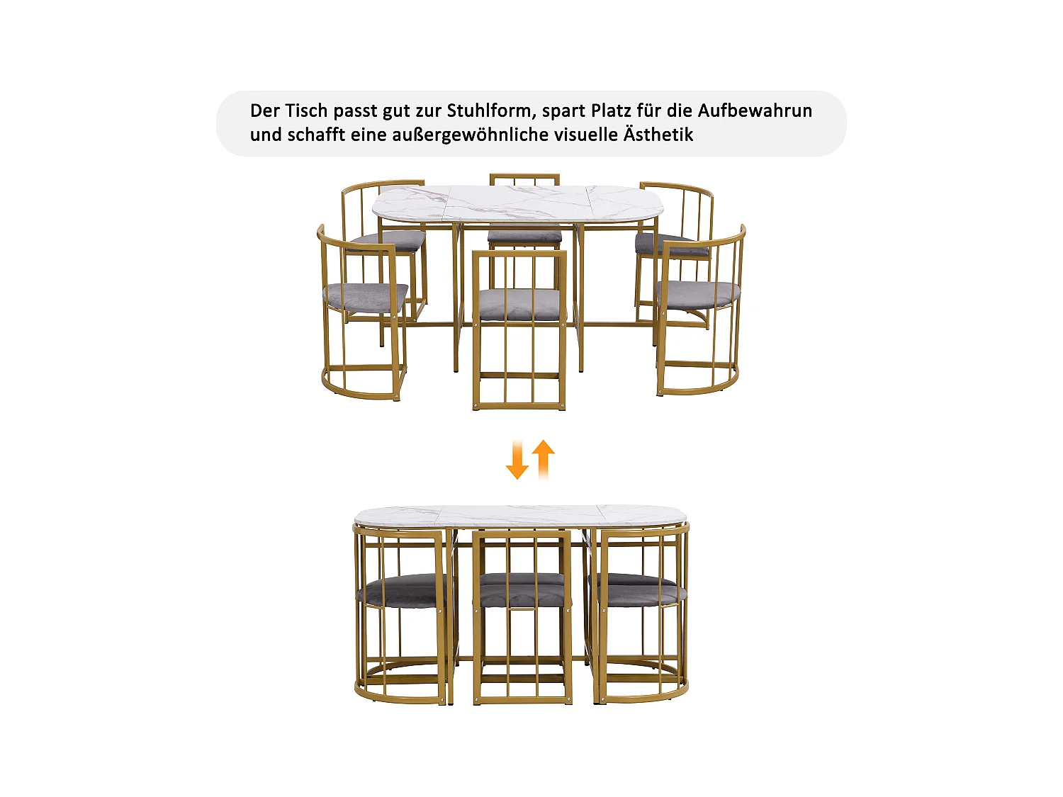 Eettafelset met zes stoelen: witte tafel, stoelen met rugleuningen en kussens
