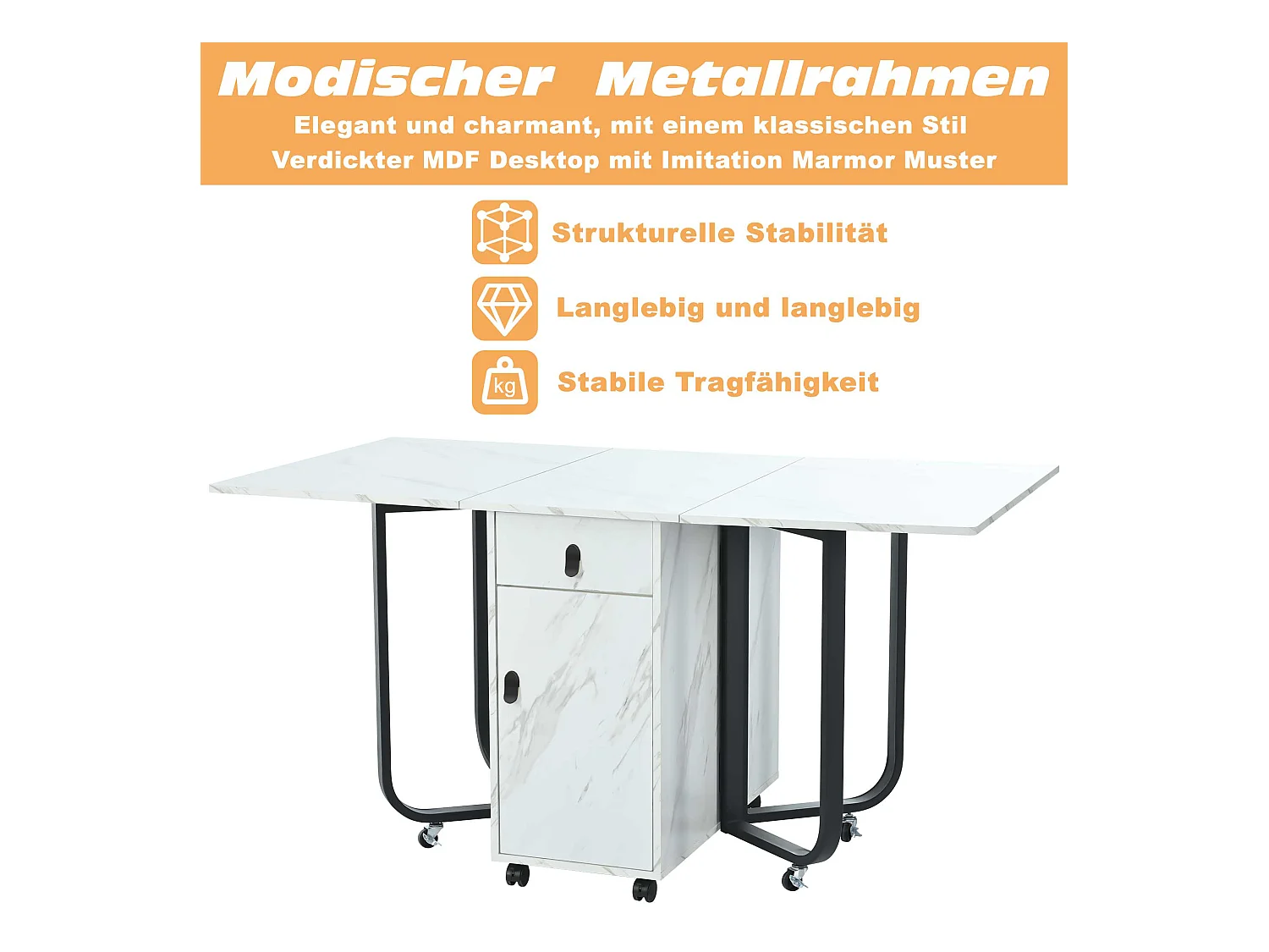 150 x 80 x 76 cm Esstisch-Set, Klapptisch, 4 Samtstühle, schwarze Beine, weißes MDF