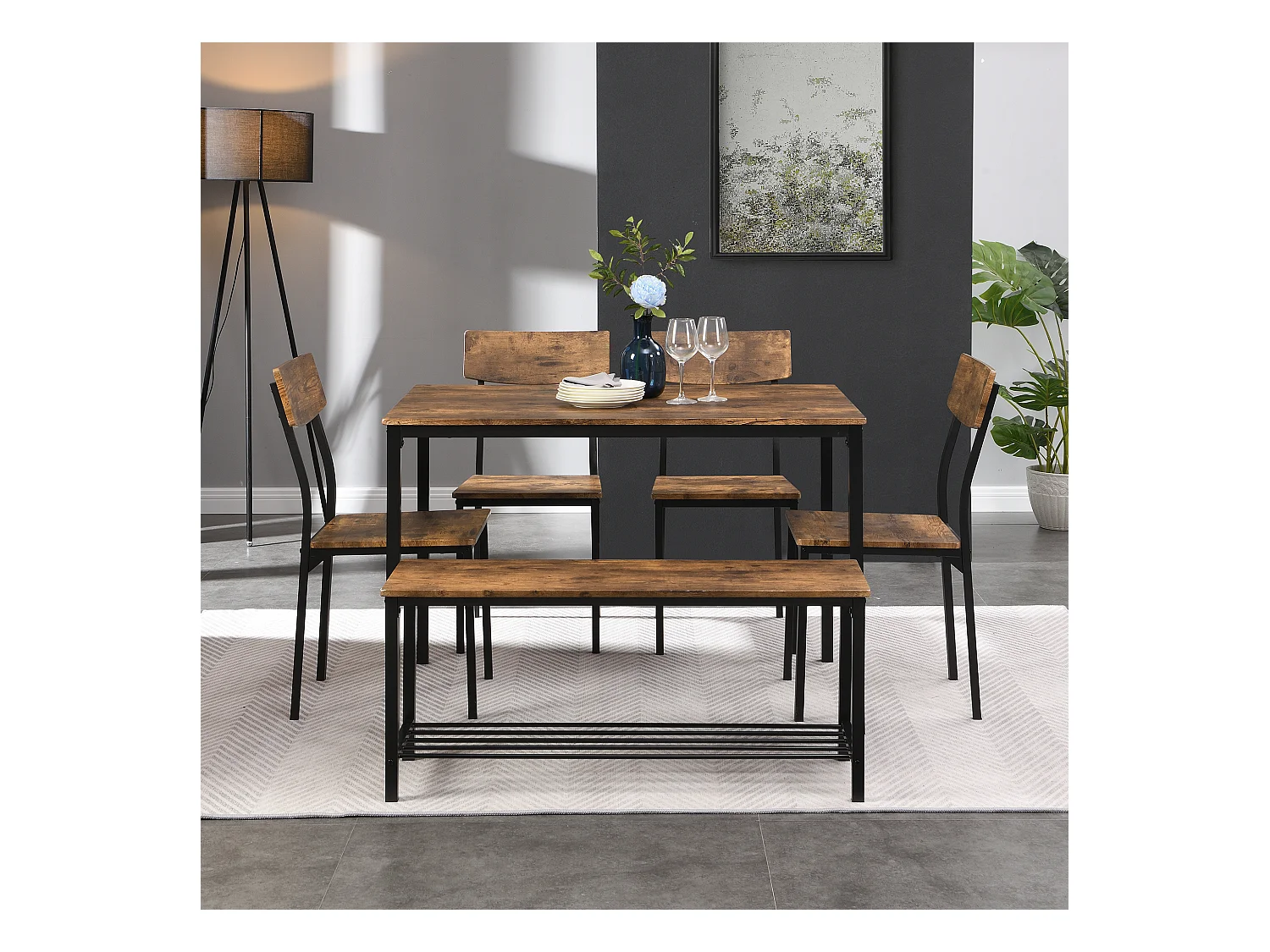 Esstisch-Set, Stuhl und Bank, 6-teilig, Stahl- und Holzgestell, Industrie-Stil