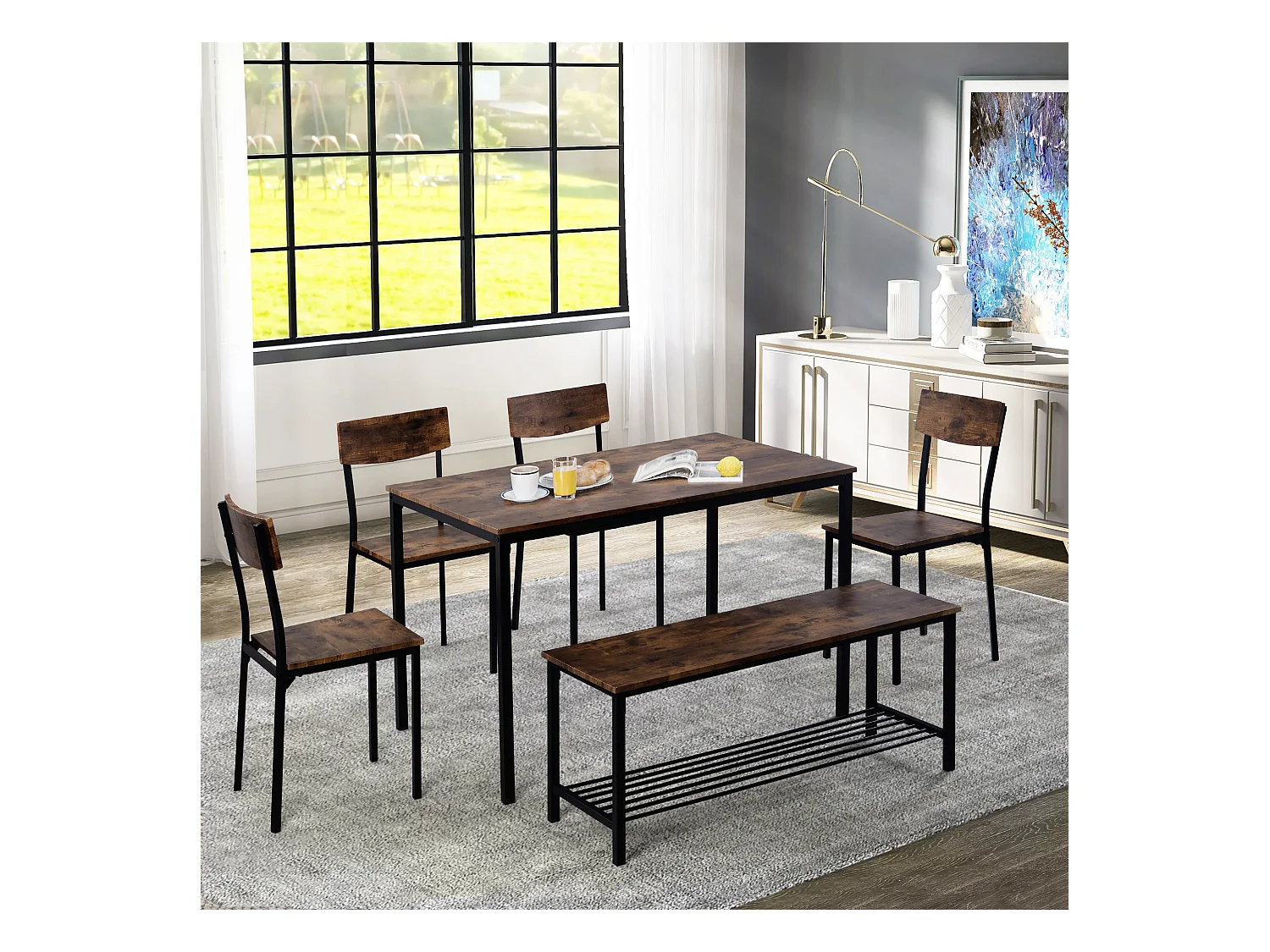 Esstisch-Set, Stuhl und Bank, 6-teilig, Stahl- und Holzgestell, Industrie-Stil