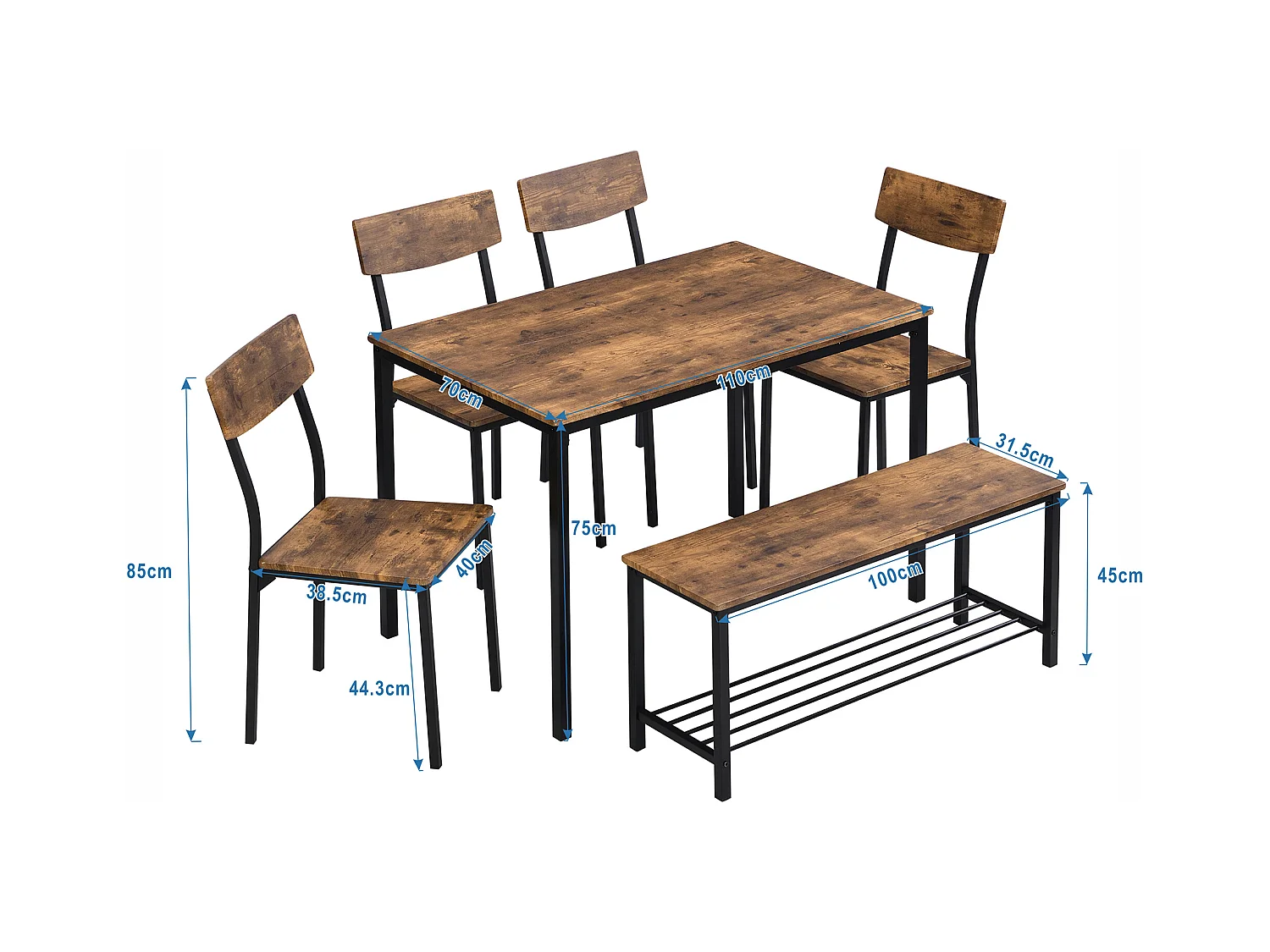 Esstisch-Set, Stuhl und Bank, 6-teilig, Stahl- und Holzgestell, Industrie-Stil