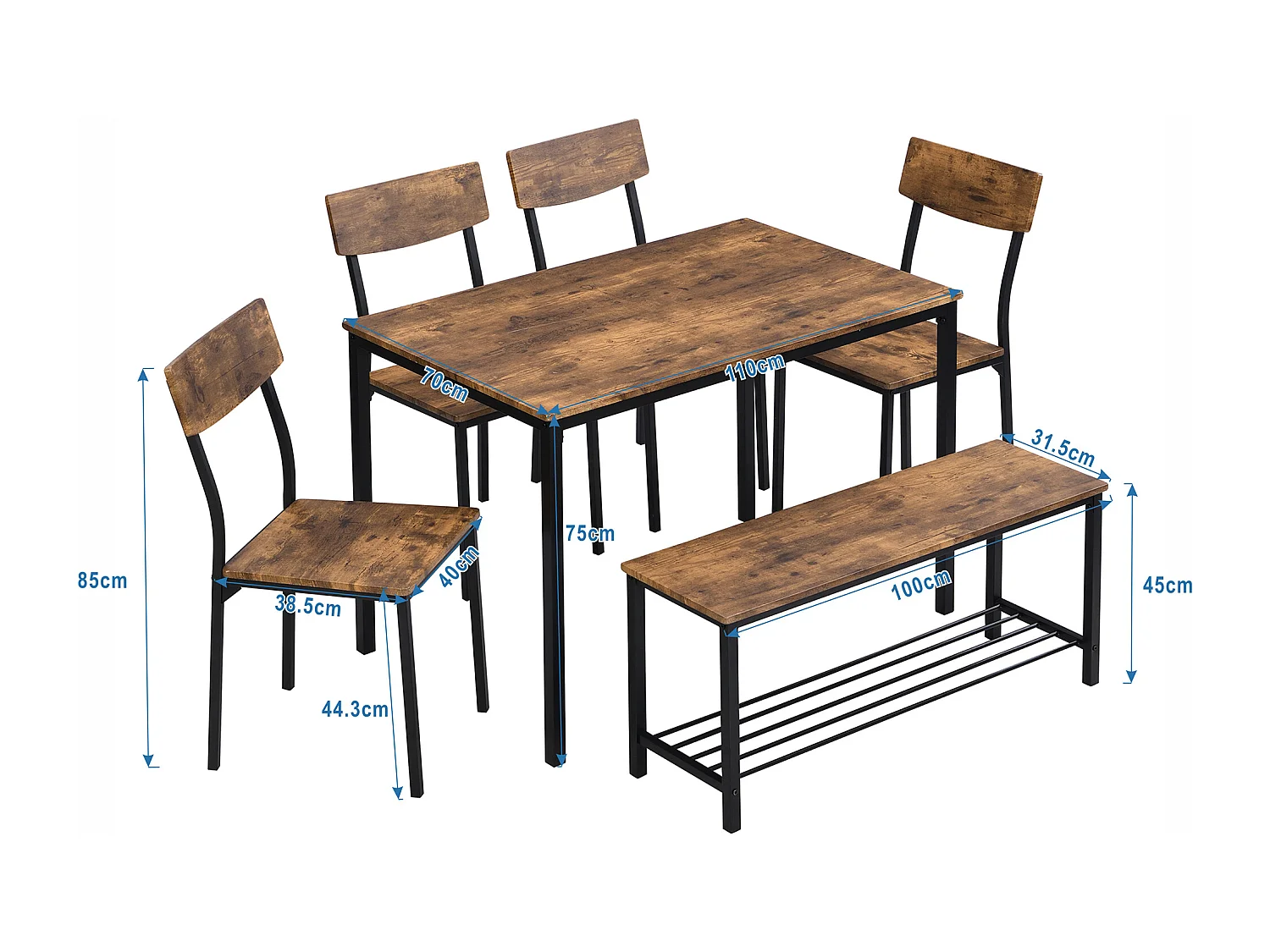 Ensemble table à manger,chaise et banc 6 pièces,cadre en acier et bois,style industriel