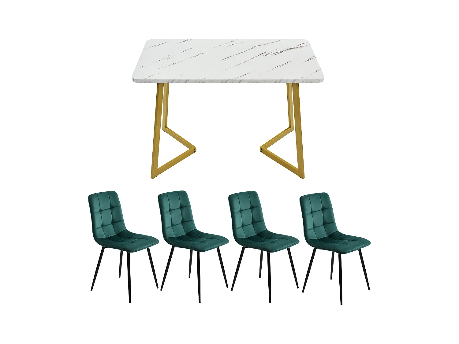117 cm Tisch-Set, 4 dunkelgrüne Samtstühle, moderner Tisch, goldene Beine