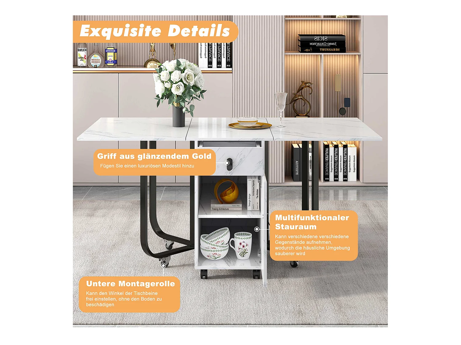 Esszimmer-Set 150 x 80 x 76 cm, Klapptisch, 4 Leinenstühle, schwarze Beine, weißes MDF