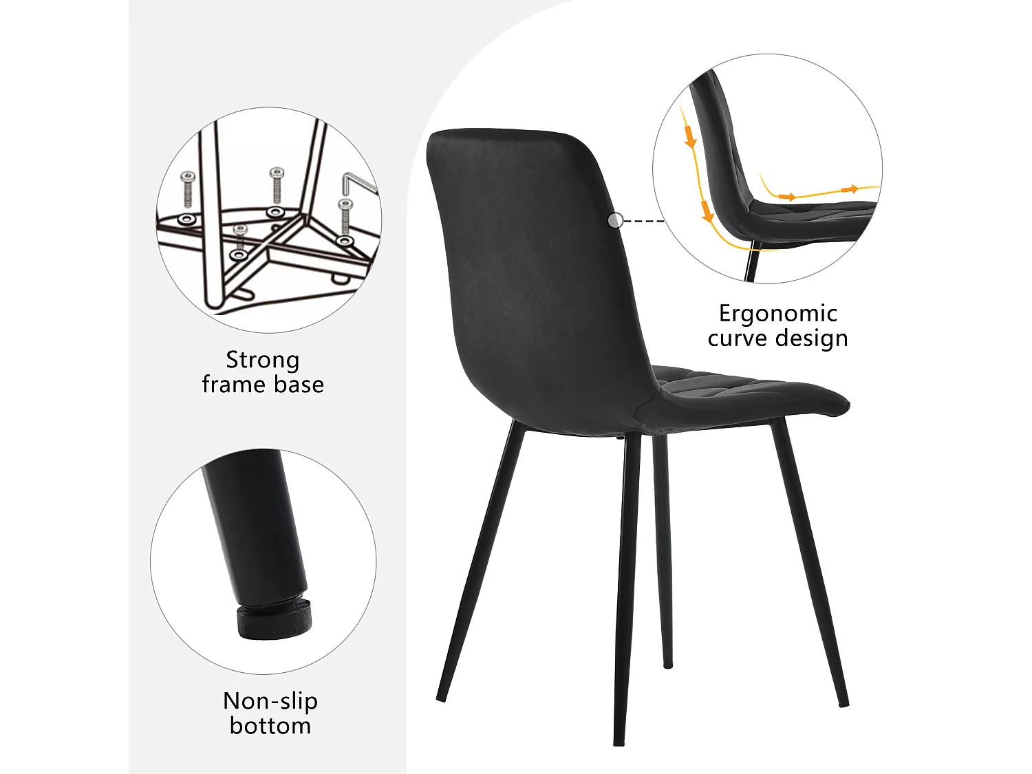 Ensemble salle à manger 117x68 cm,table rectangulaire,4 chaises velours noir,pieds dorés