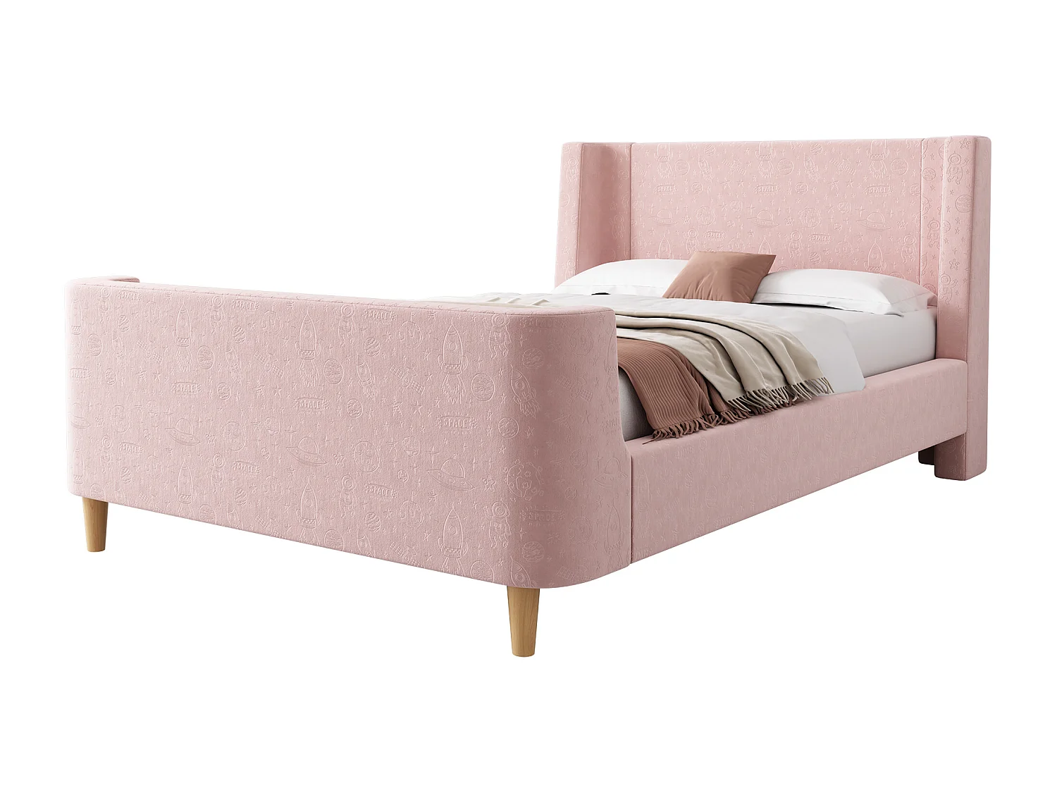 Gepolstertes Kinderbett, Einzelschlittenbett mit kosmischem Muster, 90 x 200 cm, rosa, Samt