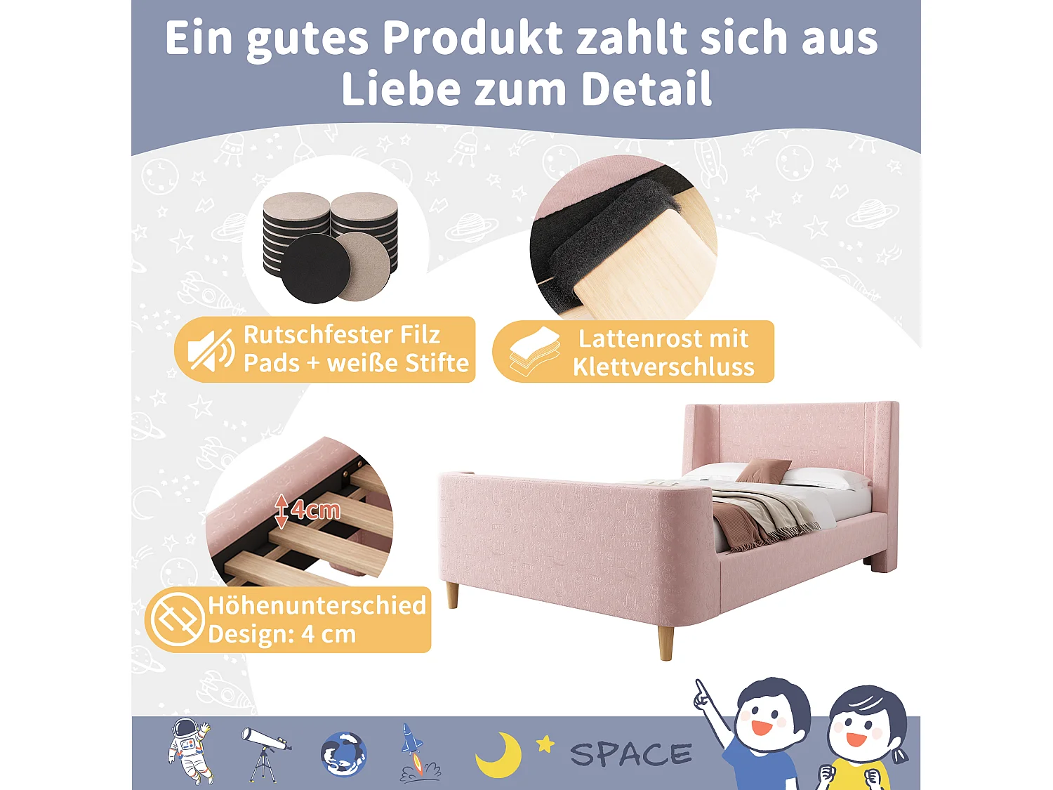 Gepolstertes Kinderbett, Einzelschlittenbett mit kosmischem Muster, 90 x 200 cm, rosa, Samt