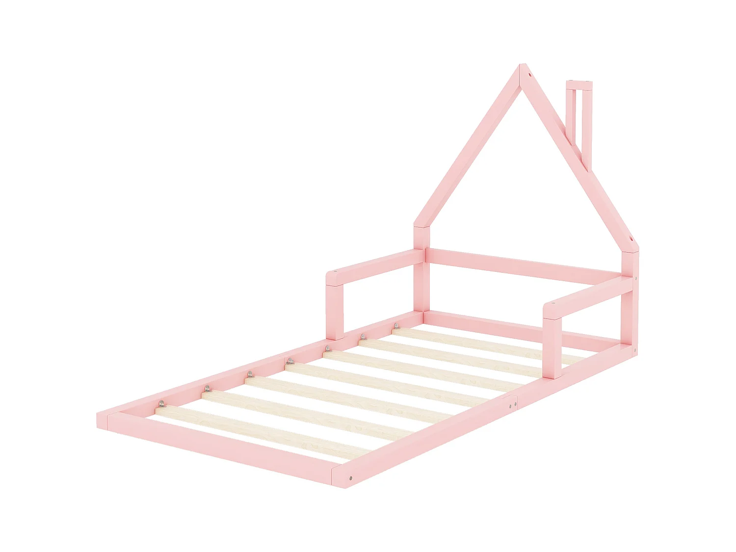 Kinderbett 90 x 200 cm, Flachbett, Hausform, Kiefer massiv, schlichte Form, rosa