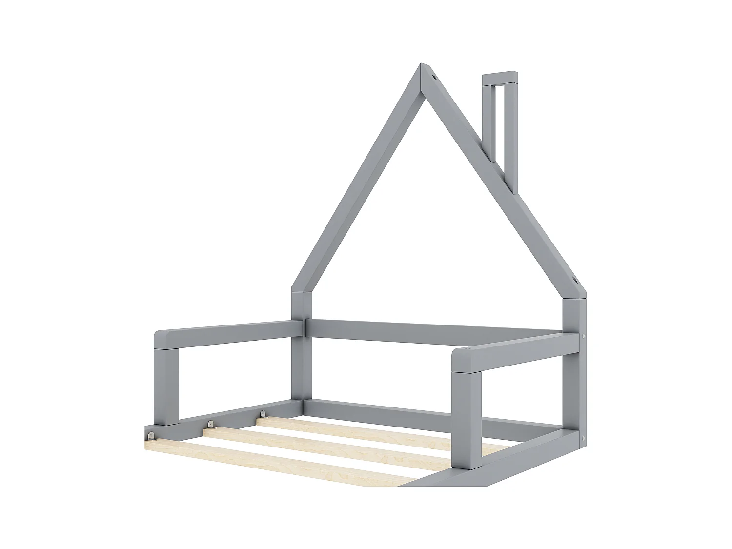 Kinderbett 90 x 200 cm, Flachbett, Hausform, Kiefer massiv, schlichte Form, grau