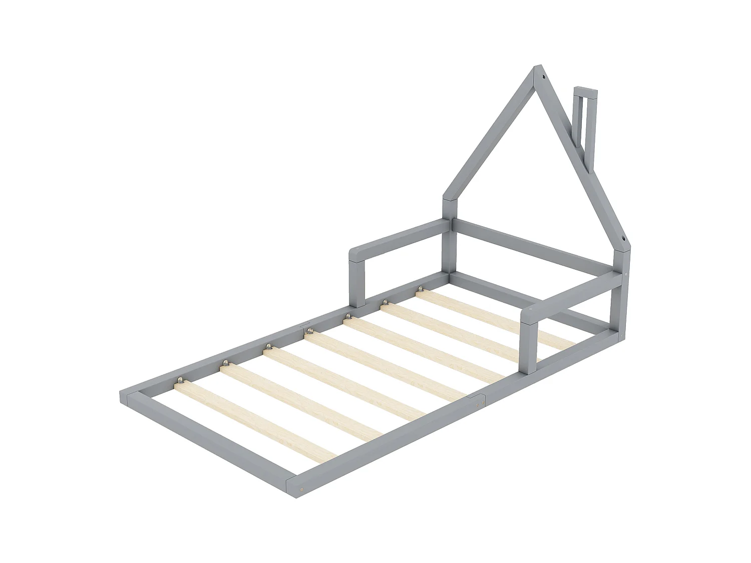 Kinderbett 90 x 200 cm, Flachbett, Hausform, Kiefer massiv, schlichte Form, grau