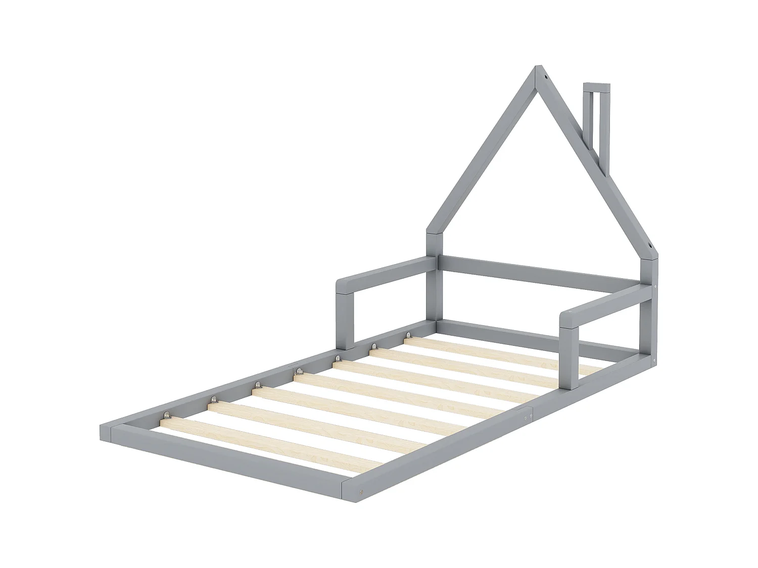 Kinderbett 90 x 200 cm, Flachbett, Hausform, Kiefer massiv, schlichte Form, grau