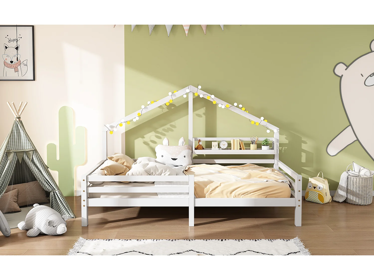 Kinderhoogslaper met opbergruimte in de vorm van een open haard, 90x200 cm, wit