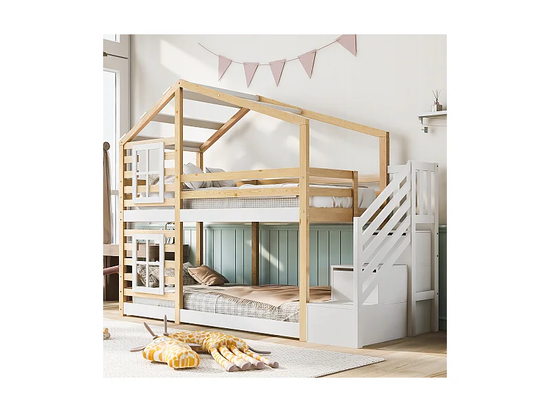 Baumhaus-Kinderbett 90 x 200 cm, Etagenbett mit Fenster, Stauraum und Rausfallschutz
