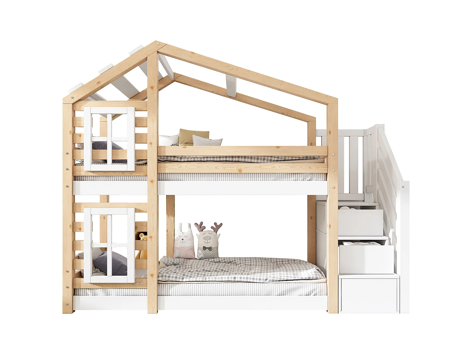 Cama infantil Treehouse de 90 x 200 cm, litera con ventana, almacenaje y protección anticaídas