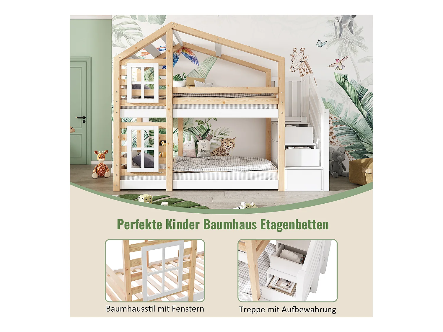 Cama infantil Treehouse de 90 x 200 cm, litera con ventana, almacenaje y protección anticaídas