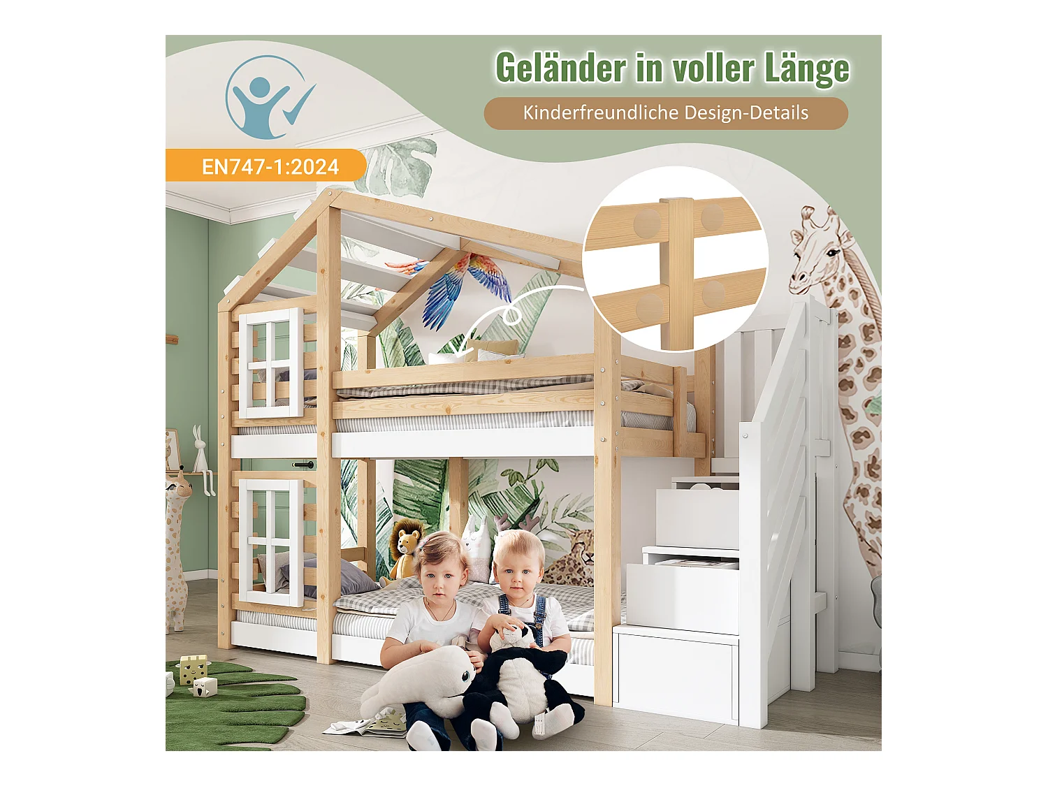 Cama infantil Treehouse de 90 x 200 cm, litera con ventana, almacenaje y protección anticaídas