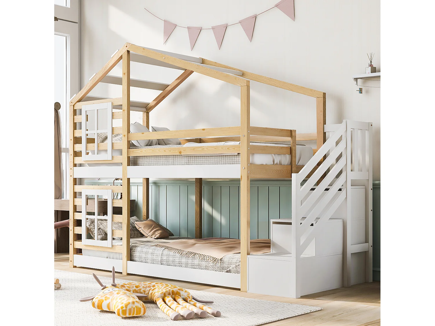 Cama infantil Treehouse de 90 x 200 cm, litera con ventana, almacenaje y protección anticaídas