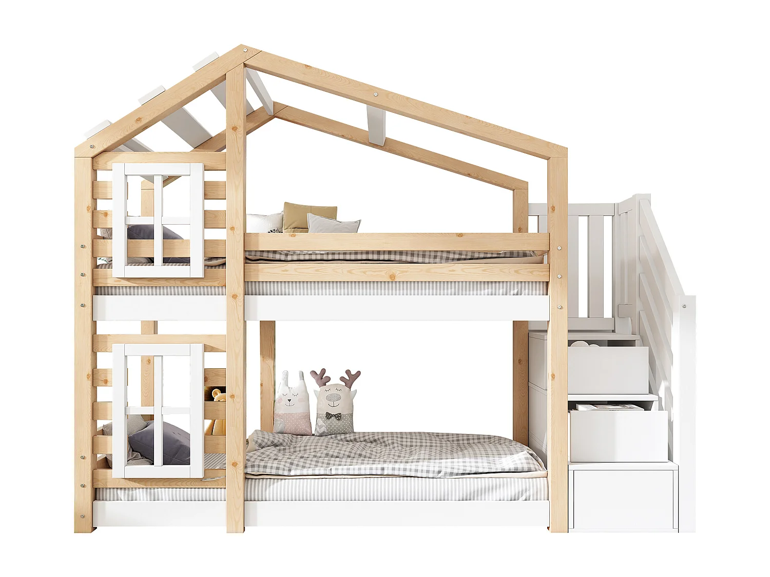 Cama infantil Treehouse de 90 x 200 cm, litera con ventana, almacenaje y protección anticaídas