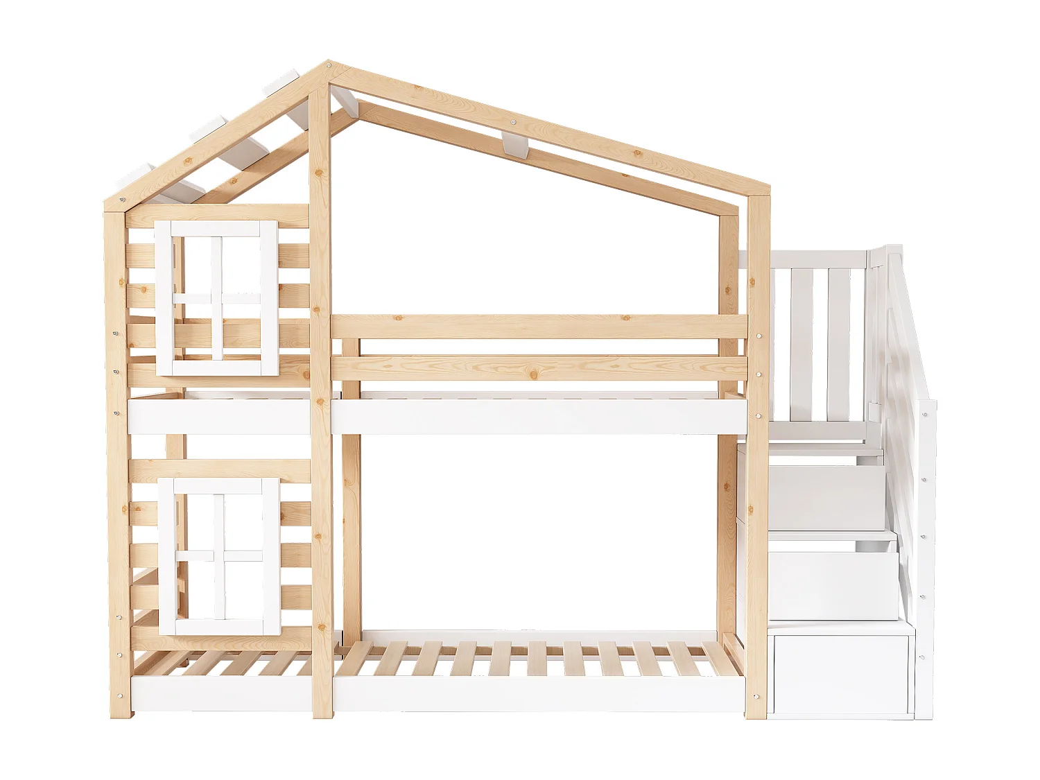 Cama infantil Treehouse de 90 x 200 cm, litera con ventana, almacenaje y protección anticaídas