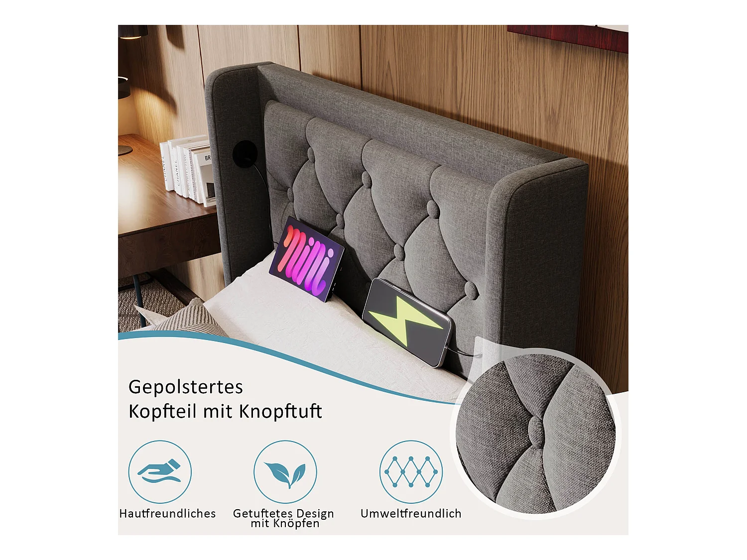 Polsterbett, 90 x 200 cm, graues Baumwollmaterial, Bett mit hydraulischem Stauraum